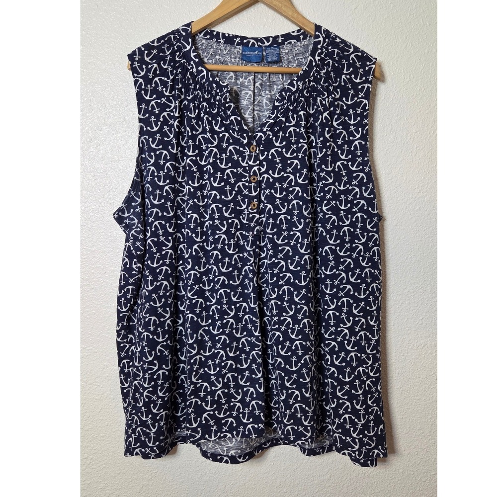 Caribbean Joe Anchor Print Top 3X Coastal Preppy Nautical Blouse Plus Size